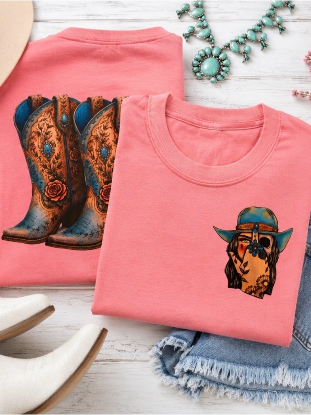 Women’s pink Graphic Tee with Cowgirl Boot and Bandana Design
Hand wash hang dry